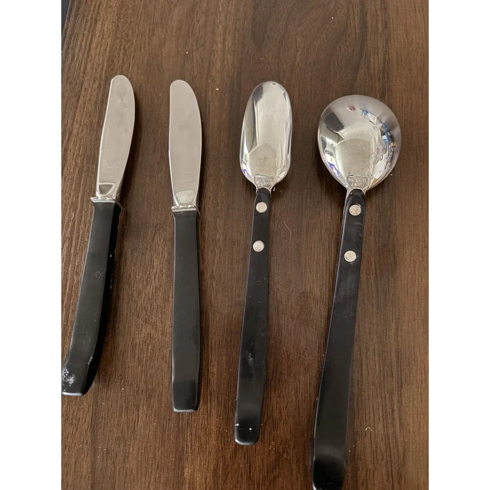 Vintage LUNT Contrast Sterling Silver.Ebony Serving Spoon,Seafood Spoon & Knives